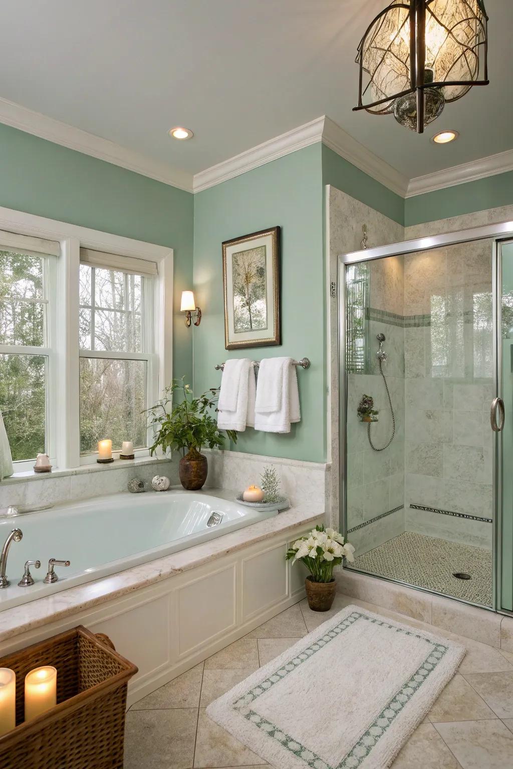 A spa-like bathroom getaway featuring refreshing seafoam green walls.