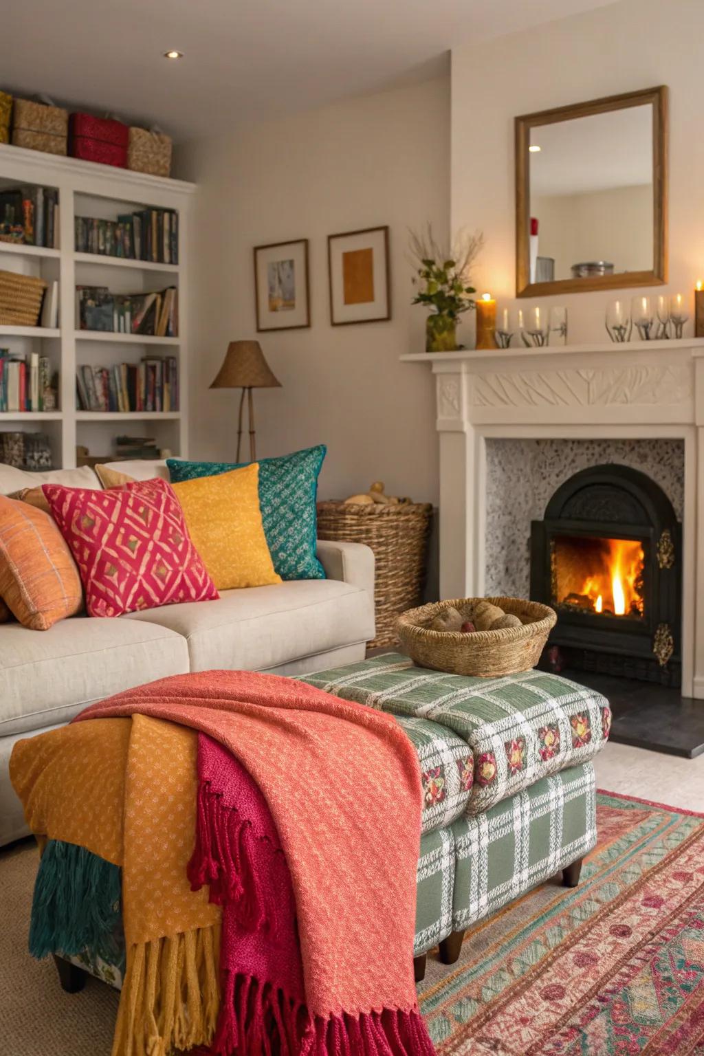 Throws and pillows introduce relaxation and a splash of color to the fireplace space.