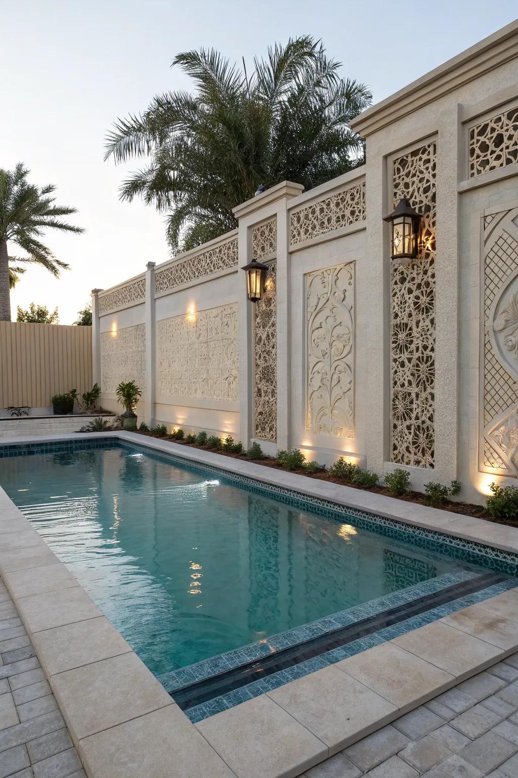 A semi inground pool with captivating accent walls that add artistic style.