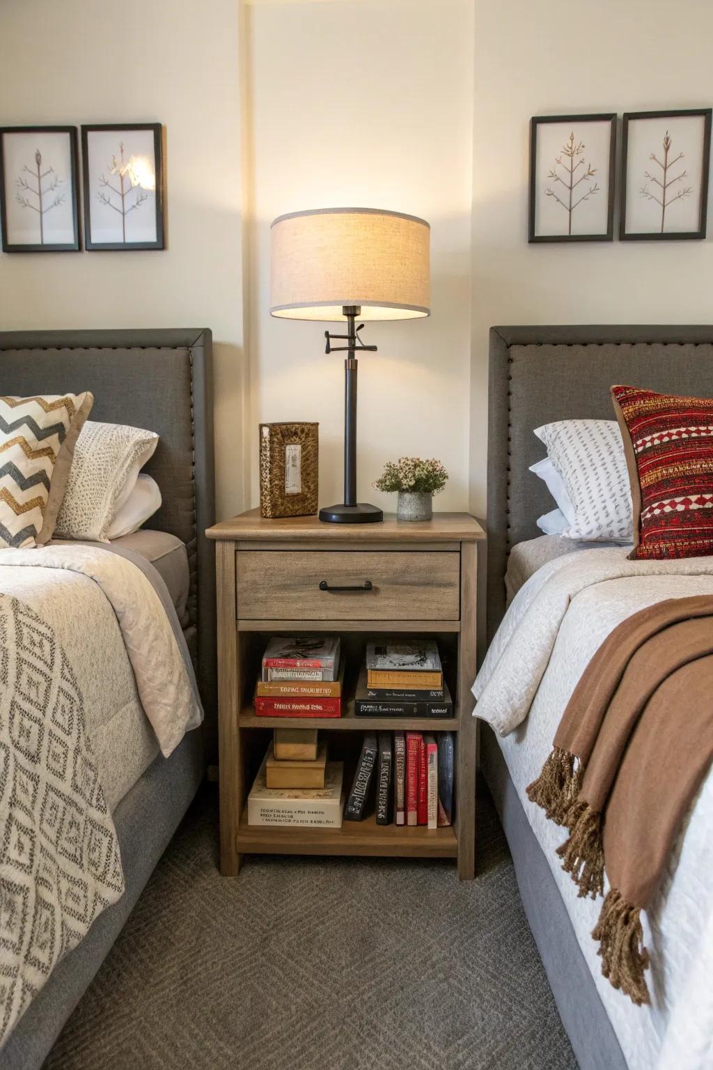 A shared bedside table subtly divides and unites the bedroom.