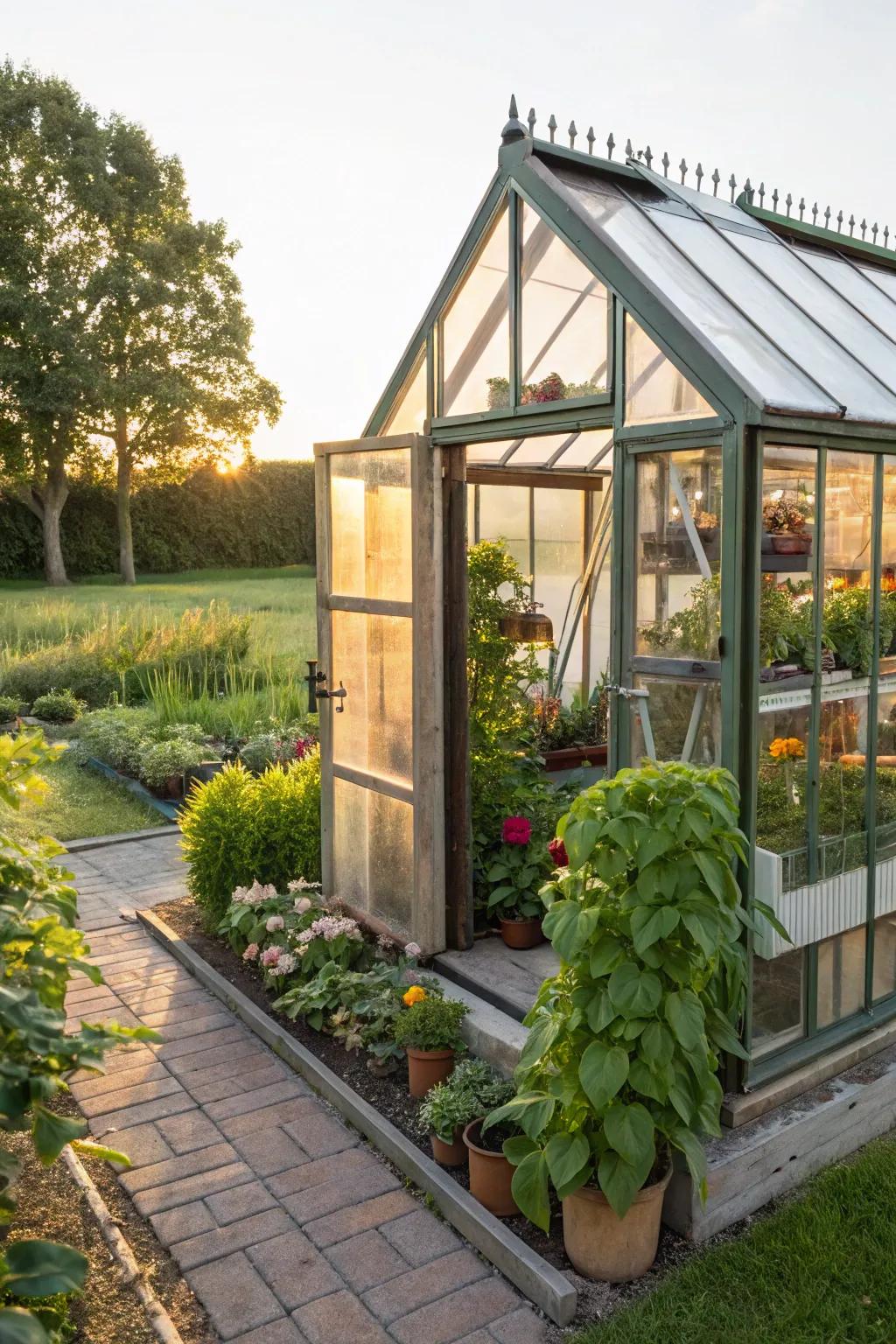An outdoor shed transformed into a miniature greenhouse.