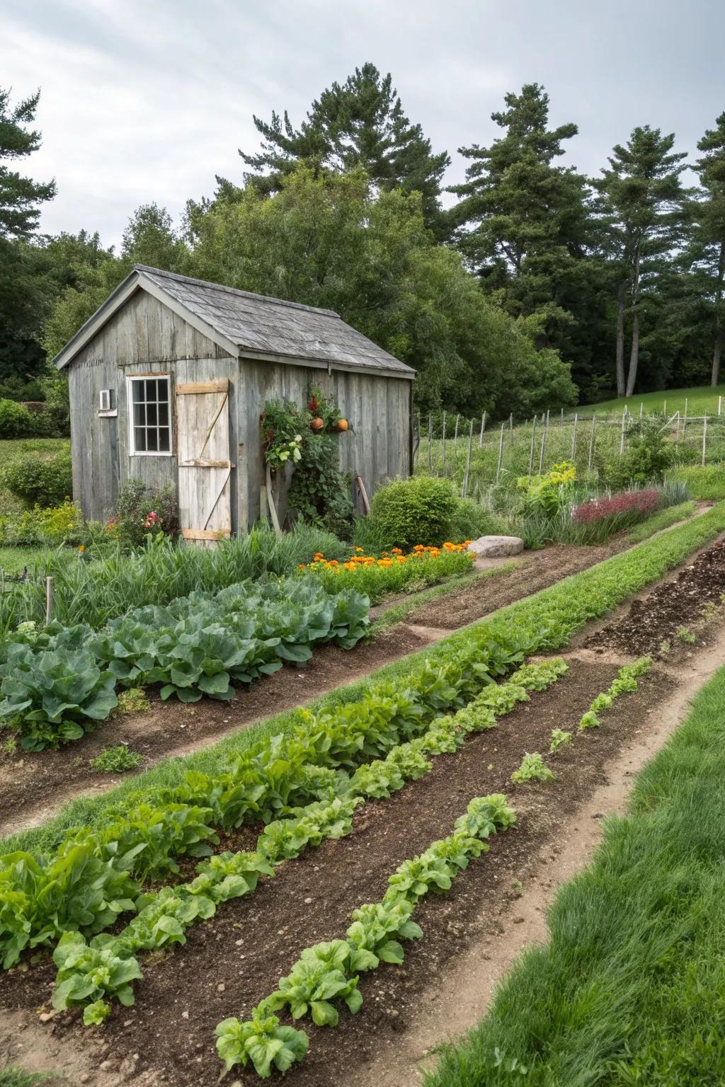 A structure conveniently located next to the plant garden for easy access.