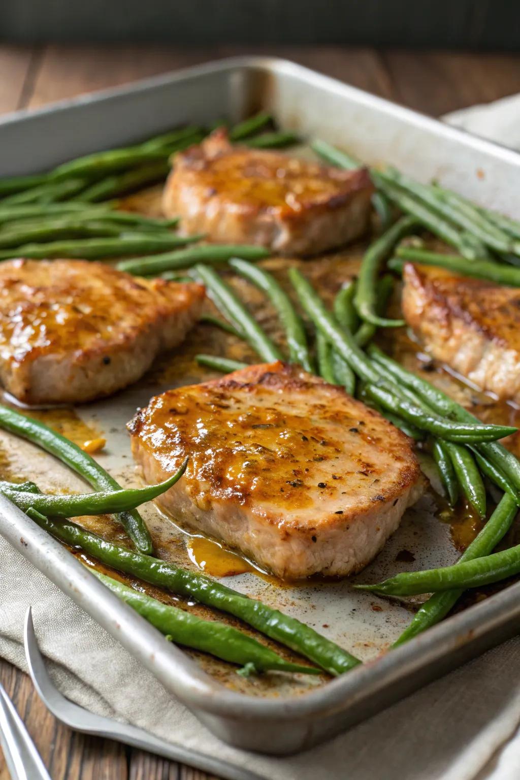 Sugar gold chicken cuts with green sticks, a sweet and savory delight.