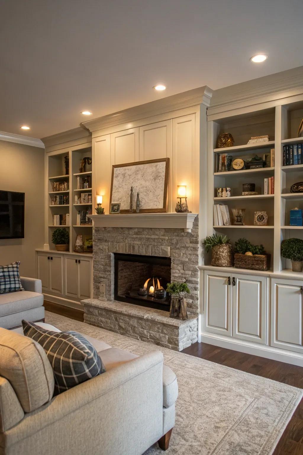 Hidden storage in the shelving unit with closed cabinets.