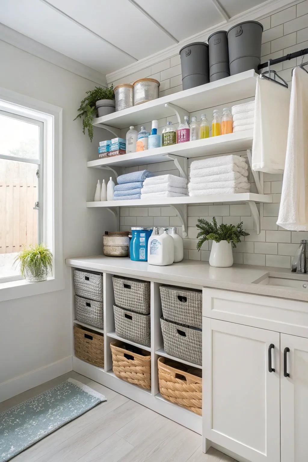 Modern floating shelves in a laundry room, offering a stylish and functional storage solution.