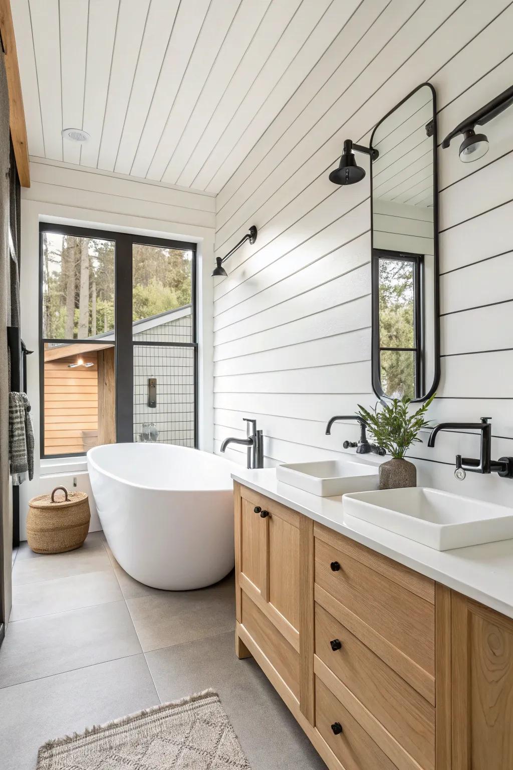 A bathroom showcasing panel planks and modern fixtures to strike a stylish balance.