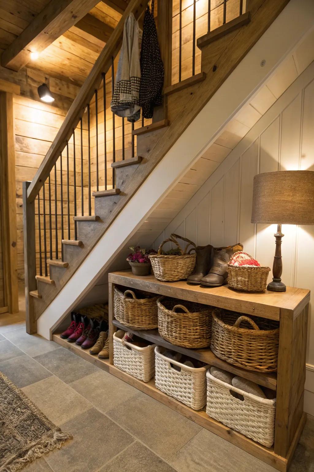 Under-the-stair container storage capitalizes on otherwise unused space.