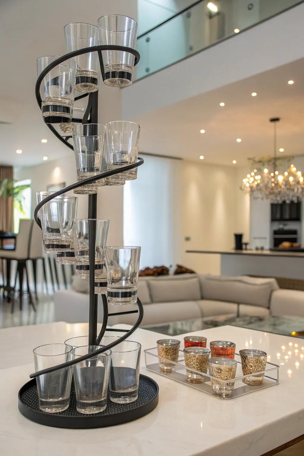 A modern home featuring a spiral shot glass display offering views from multiple angles.