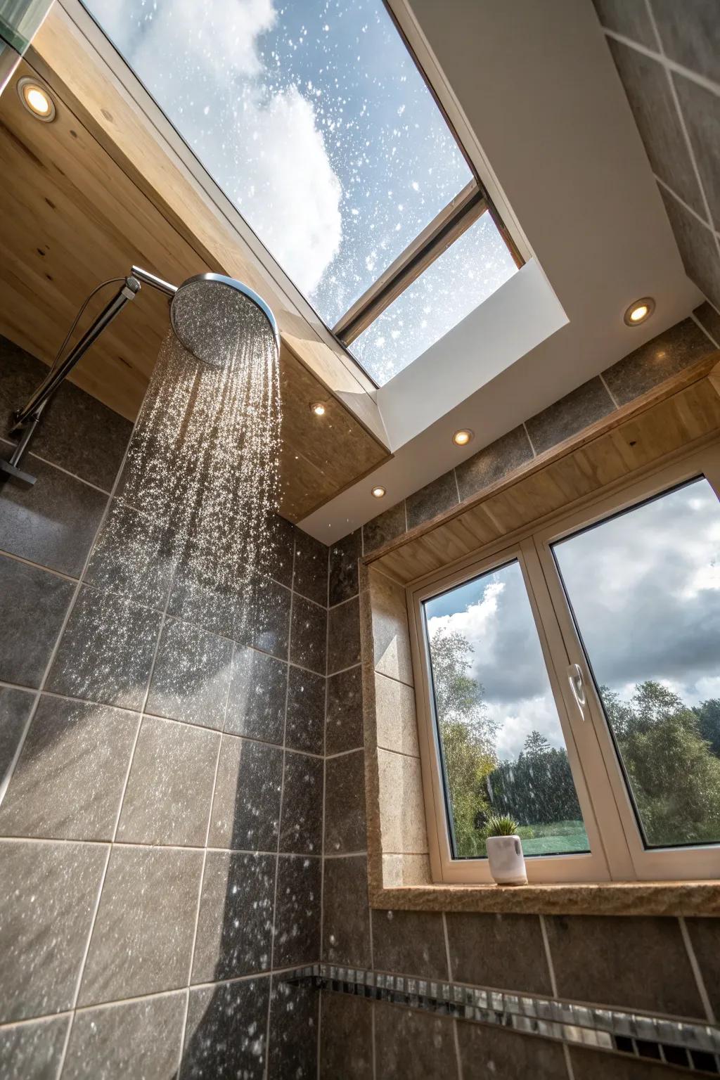 A roof window fills your shower with pure light.