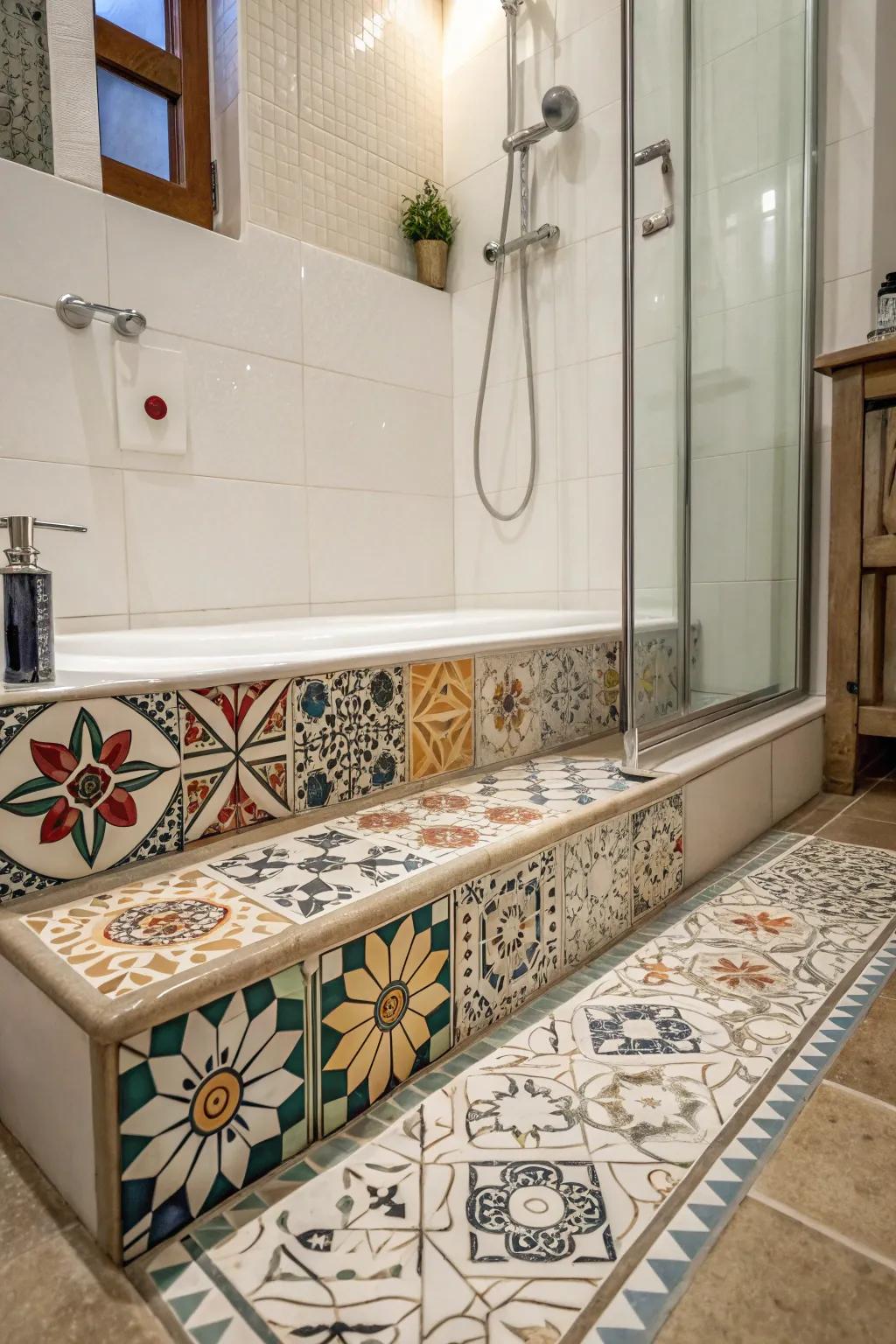 Patterns in curb tiles augment visual intrigue within the bathroom blueprint.