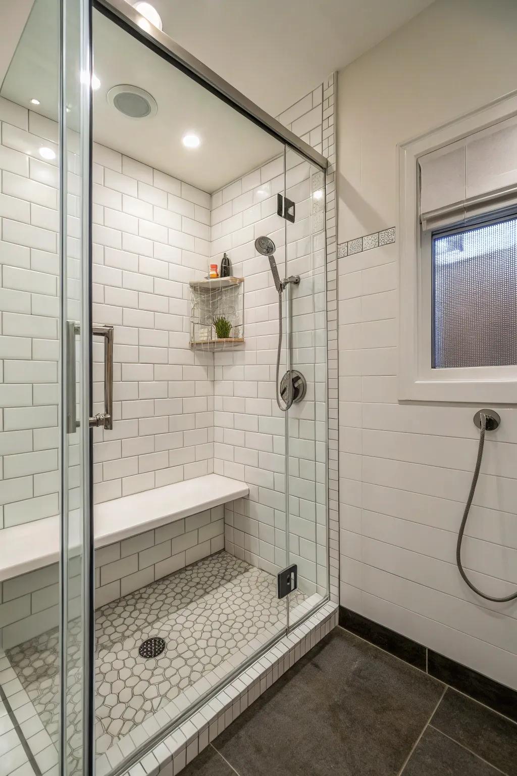 A shower equipped with a rain showerhead and a built-in bench.