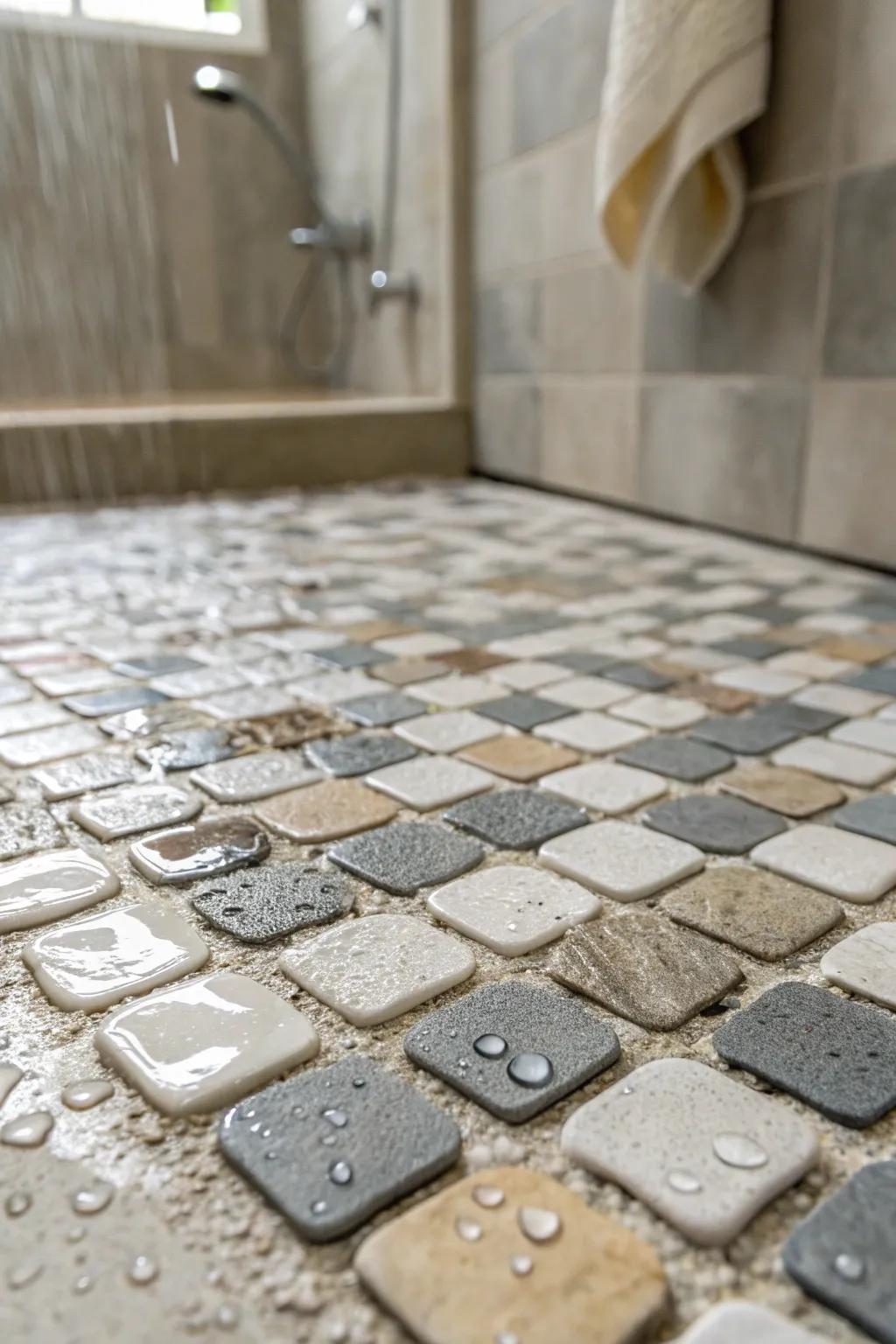 Mixed materials add depth and texture to your shower floor design.