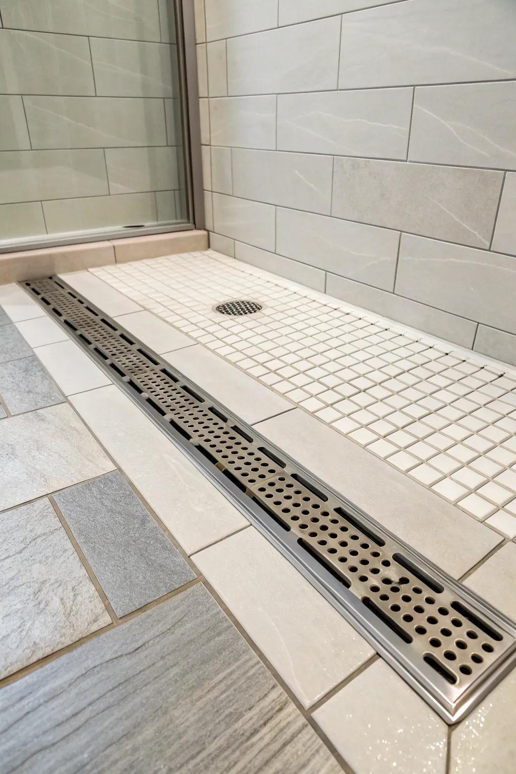 A sleek linear drain seamlessly integrated into a modern tile design on the shower pan.