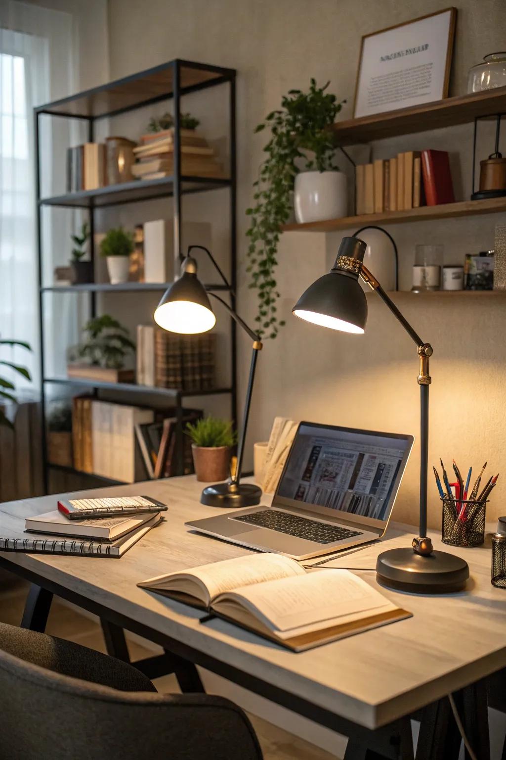 Desk lamps ensure a well-lit and productive workspace.