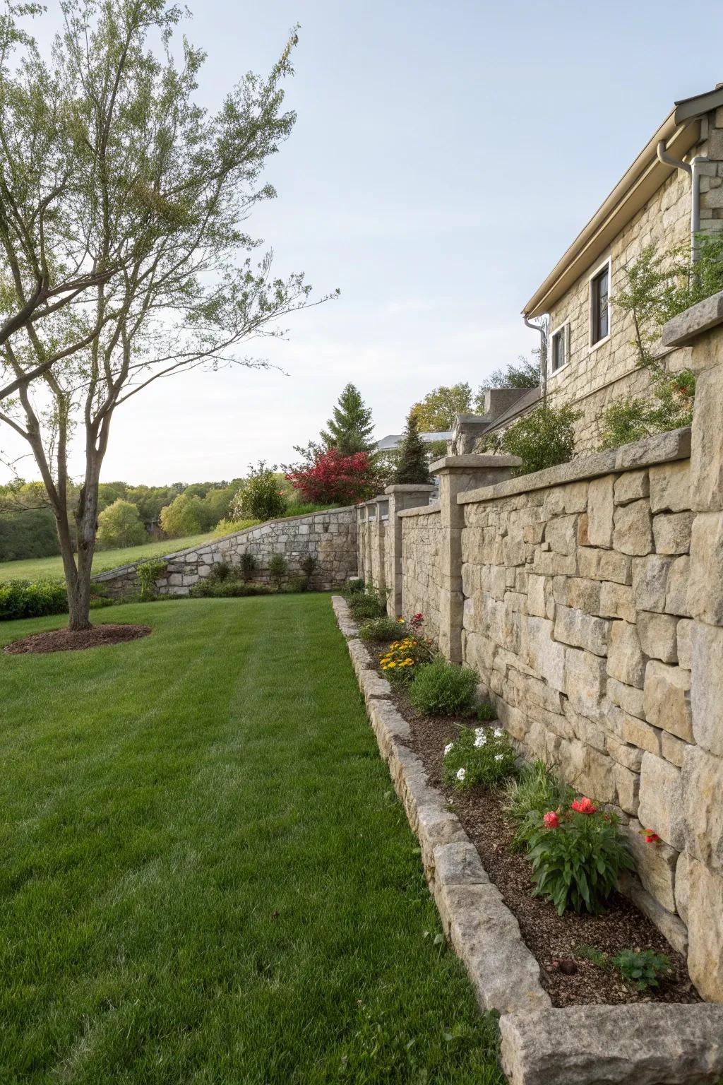 Elegant side yard featuring a rock face.