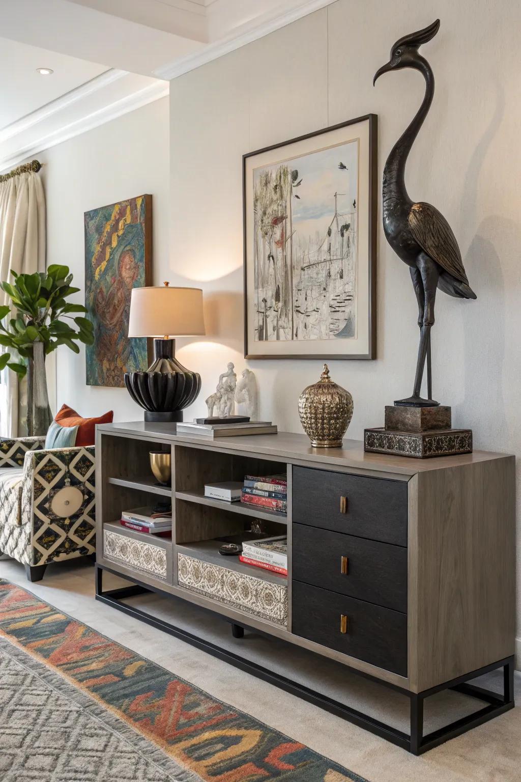 An unexpected effigy on a credenza incorporates intrigue and character.