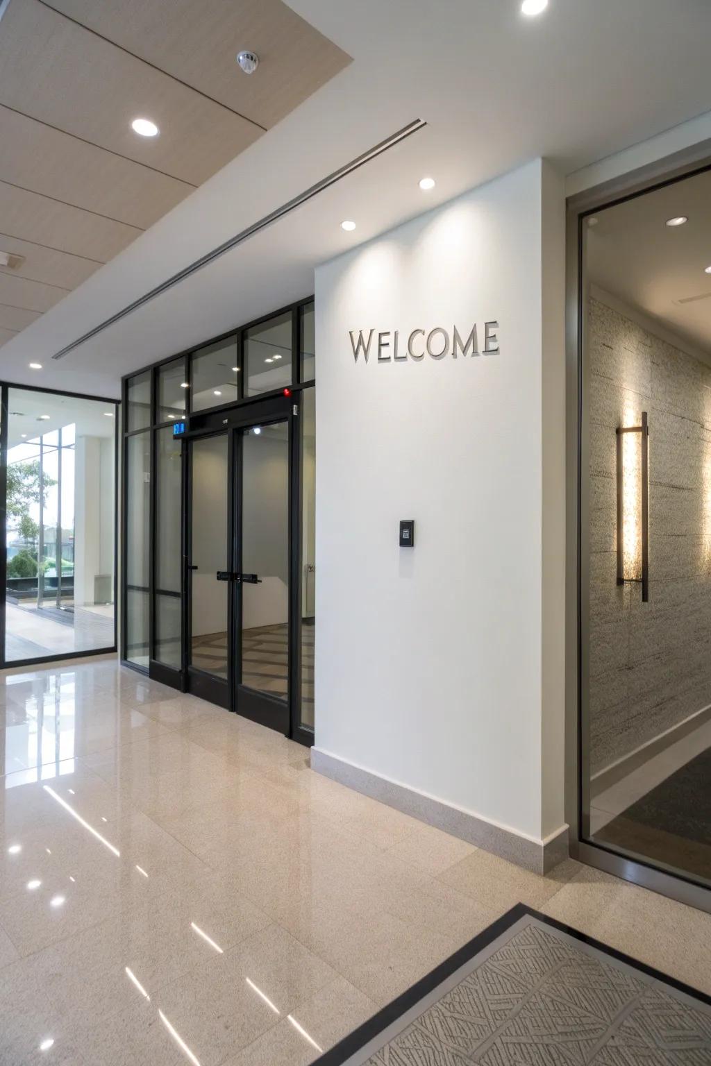 A contemporary entryway with an uncluttered 'Salutations' plaque on the wall.