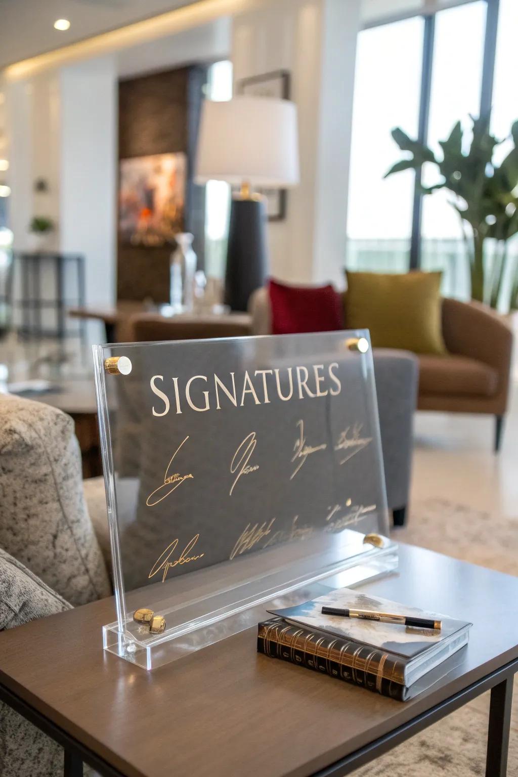 Acrylic greeting tableaus extend a streamlined, contemporary flourish to any occasion.