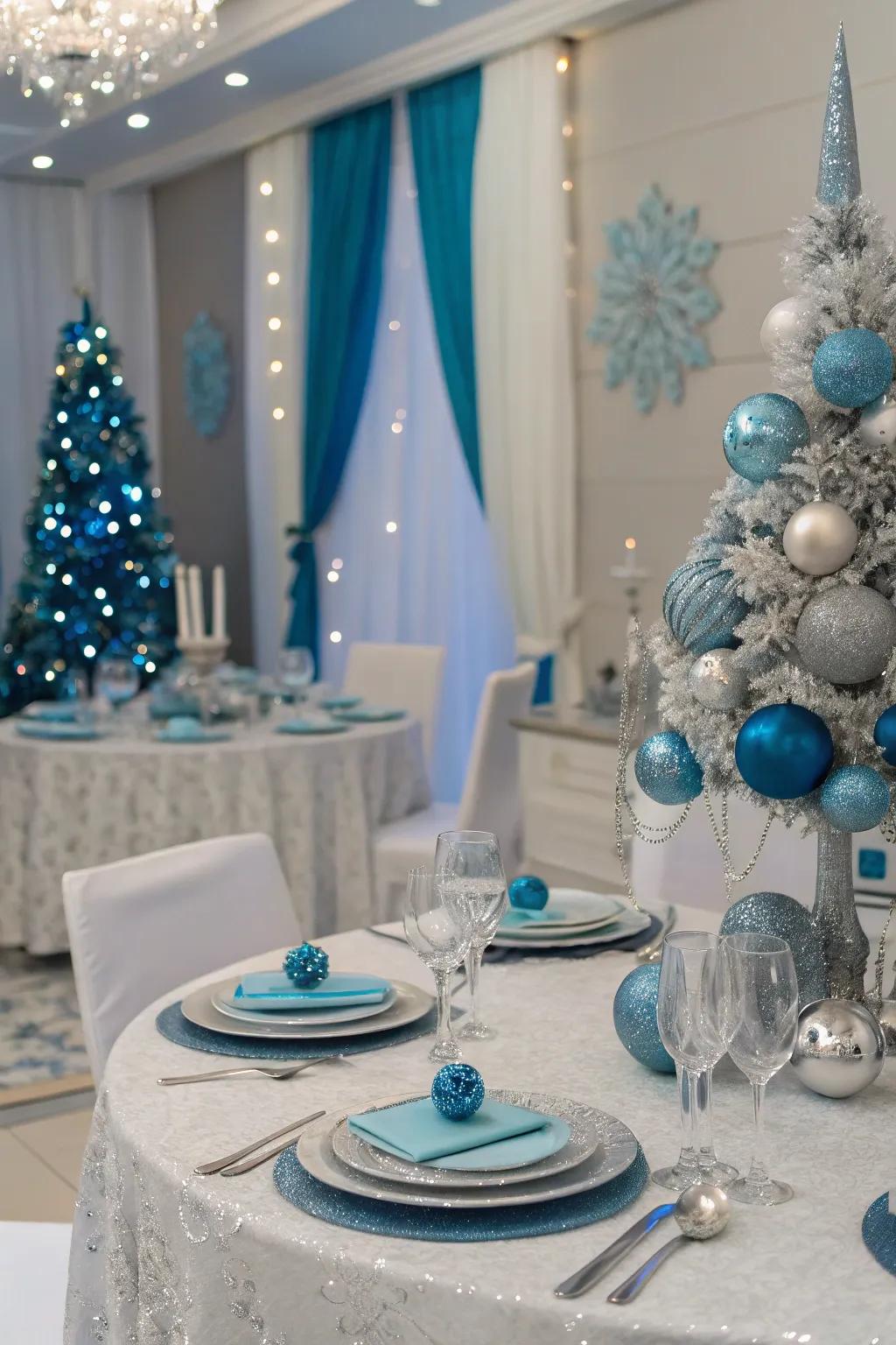 Silver and blue pairings forge a serene holiday atmosphere.