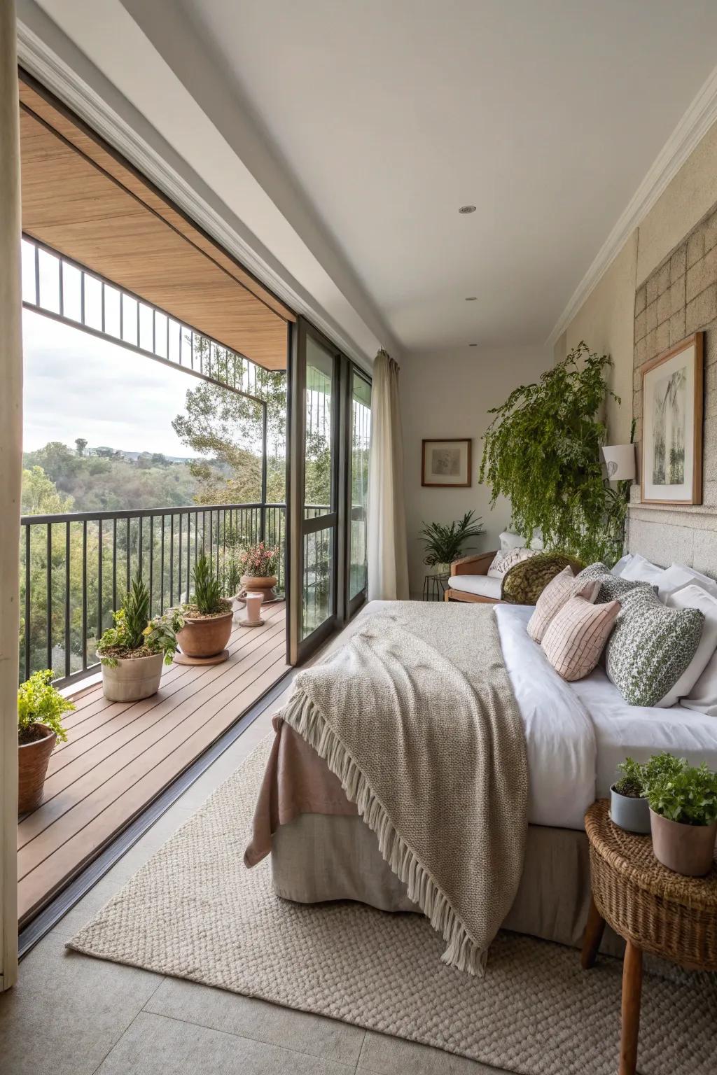 Smooth visual harmony from bedroom to balcony.
