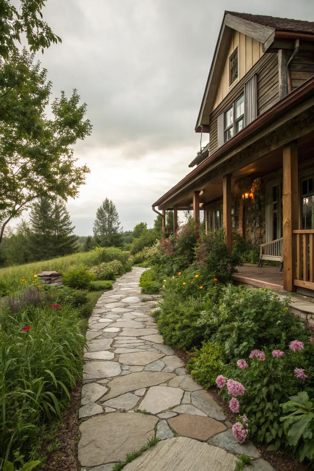 Stone pathways extend sturdiness and rustic magnificence.