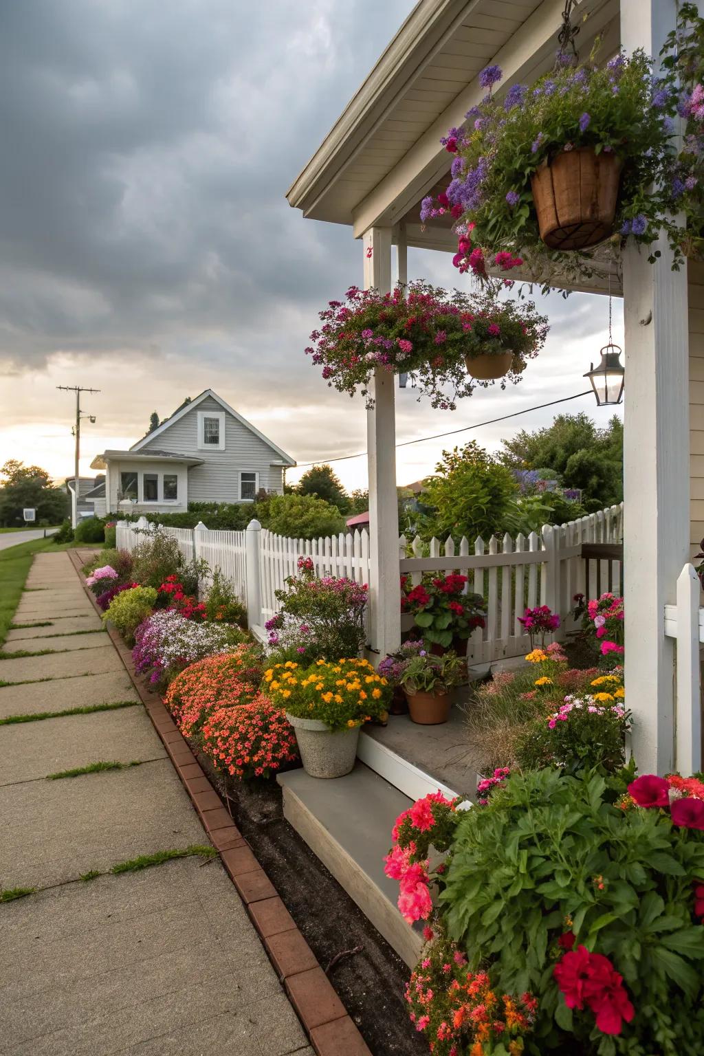 The integrated flower bed and porch create a harmonious and inviting entryway.