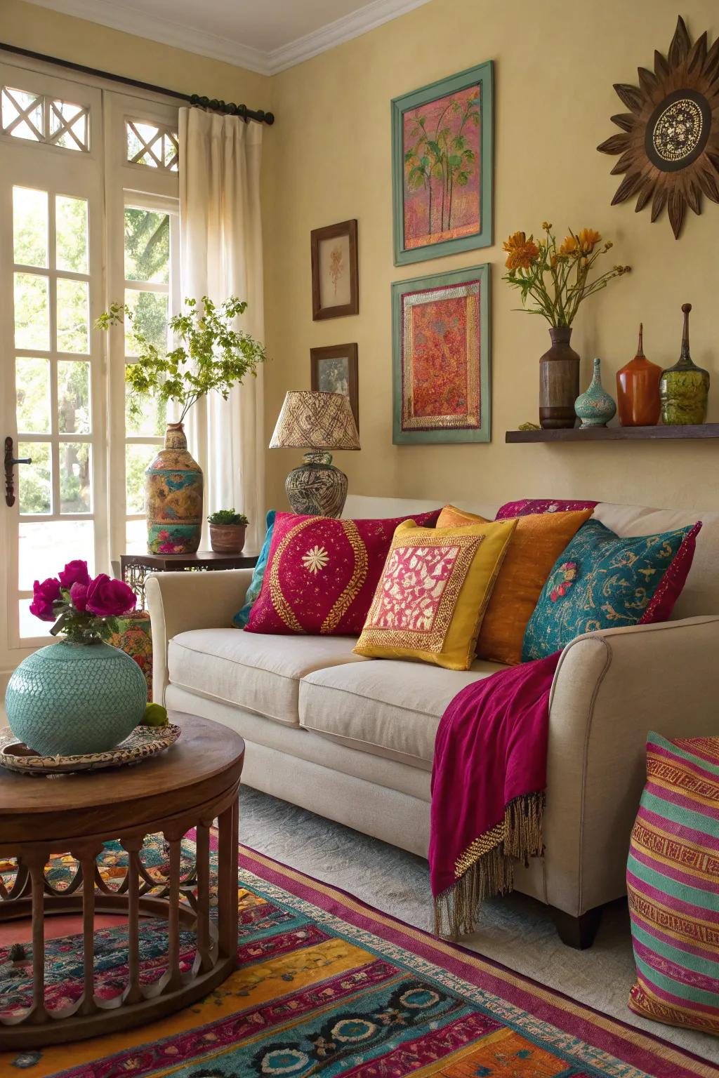 Complementary colors add energy and interest to a neutral living area.