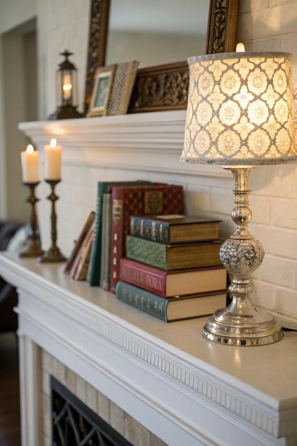 Functional decor pieces enhance both the style and utility of this mantel.