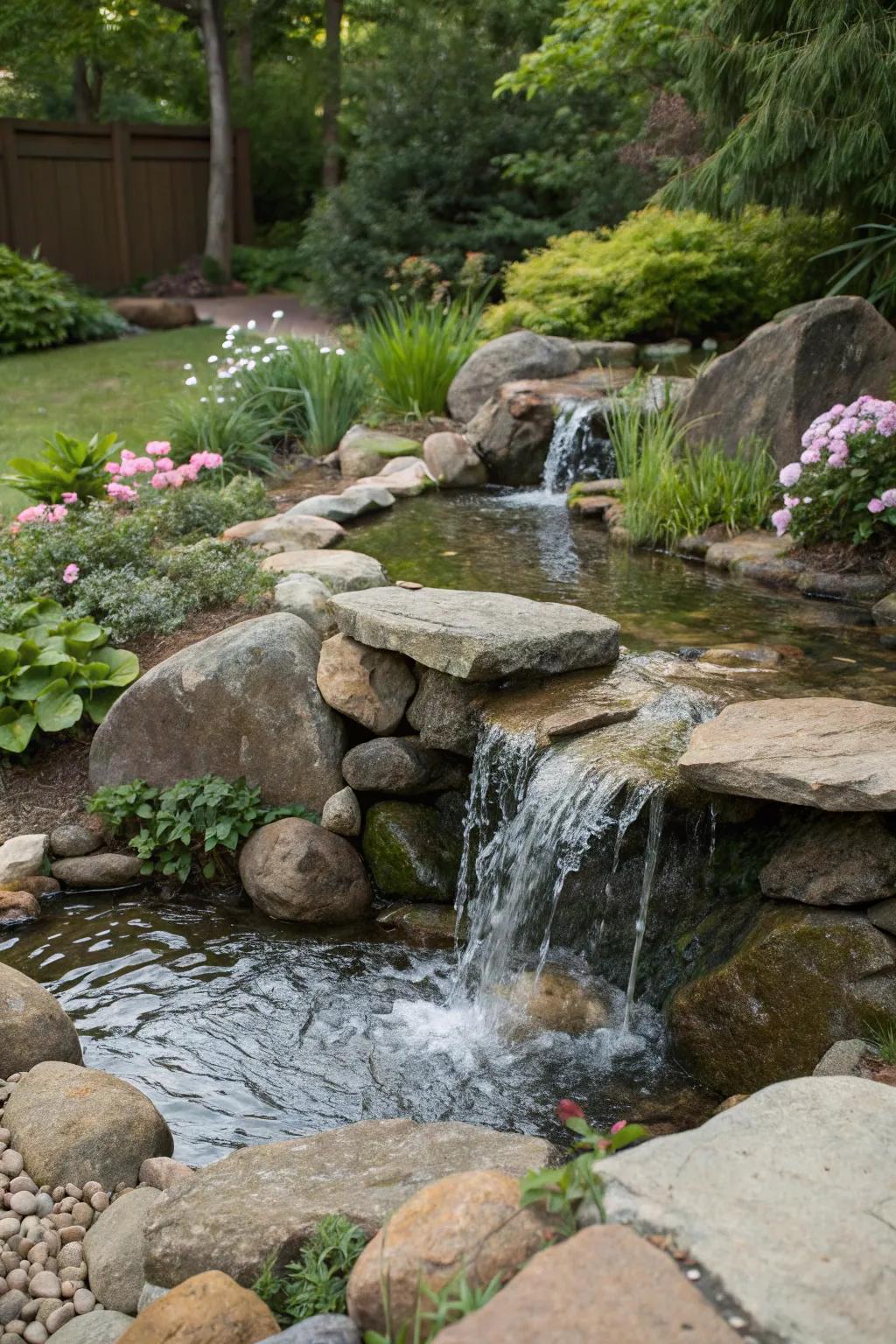 Water features enhance rock gardens with sound and movement.