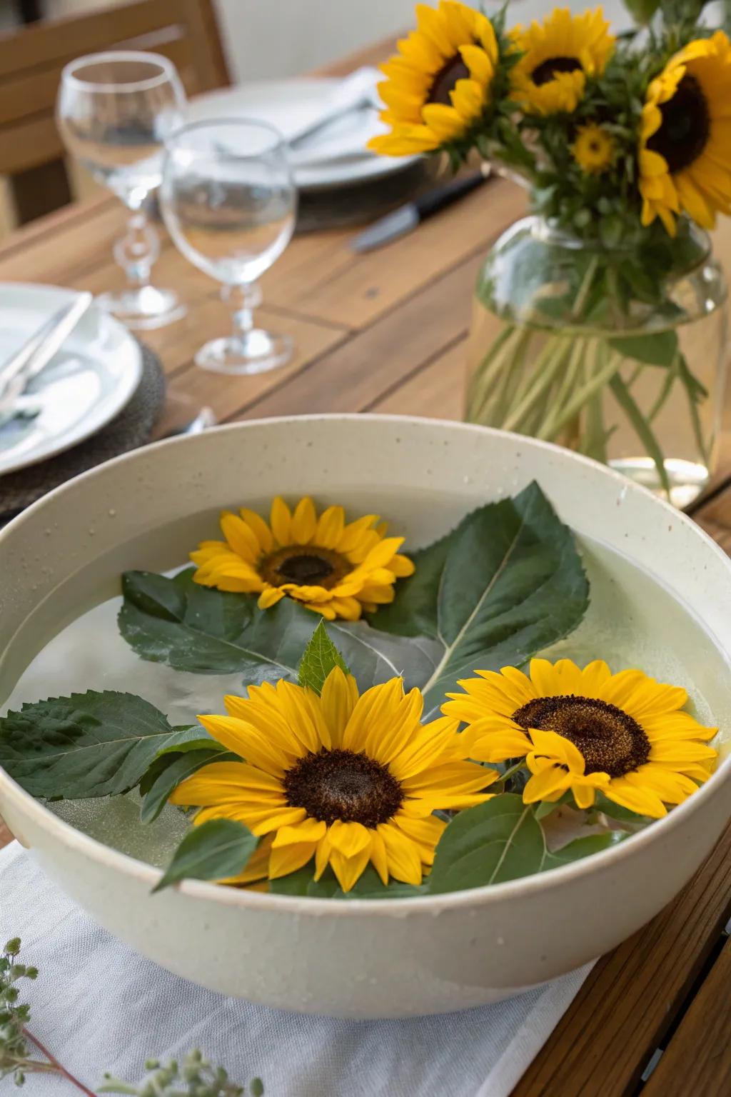Floating sunflowers create a unique and striking centerpiece.