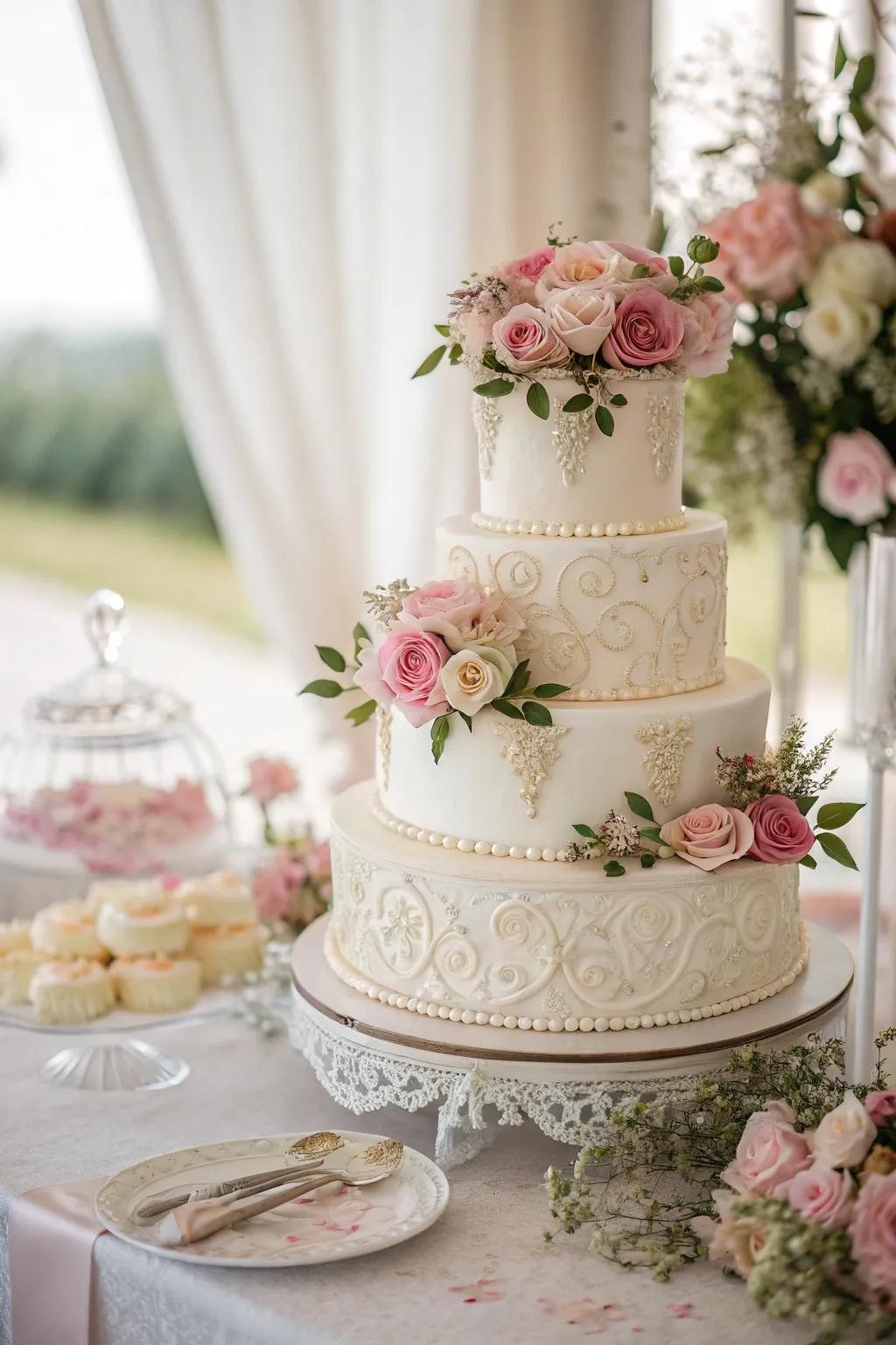 Romantic bloom accents upon a modest cake.