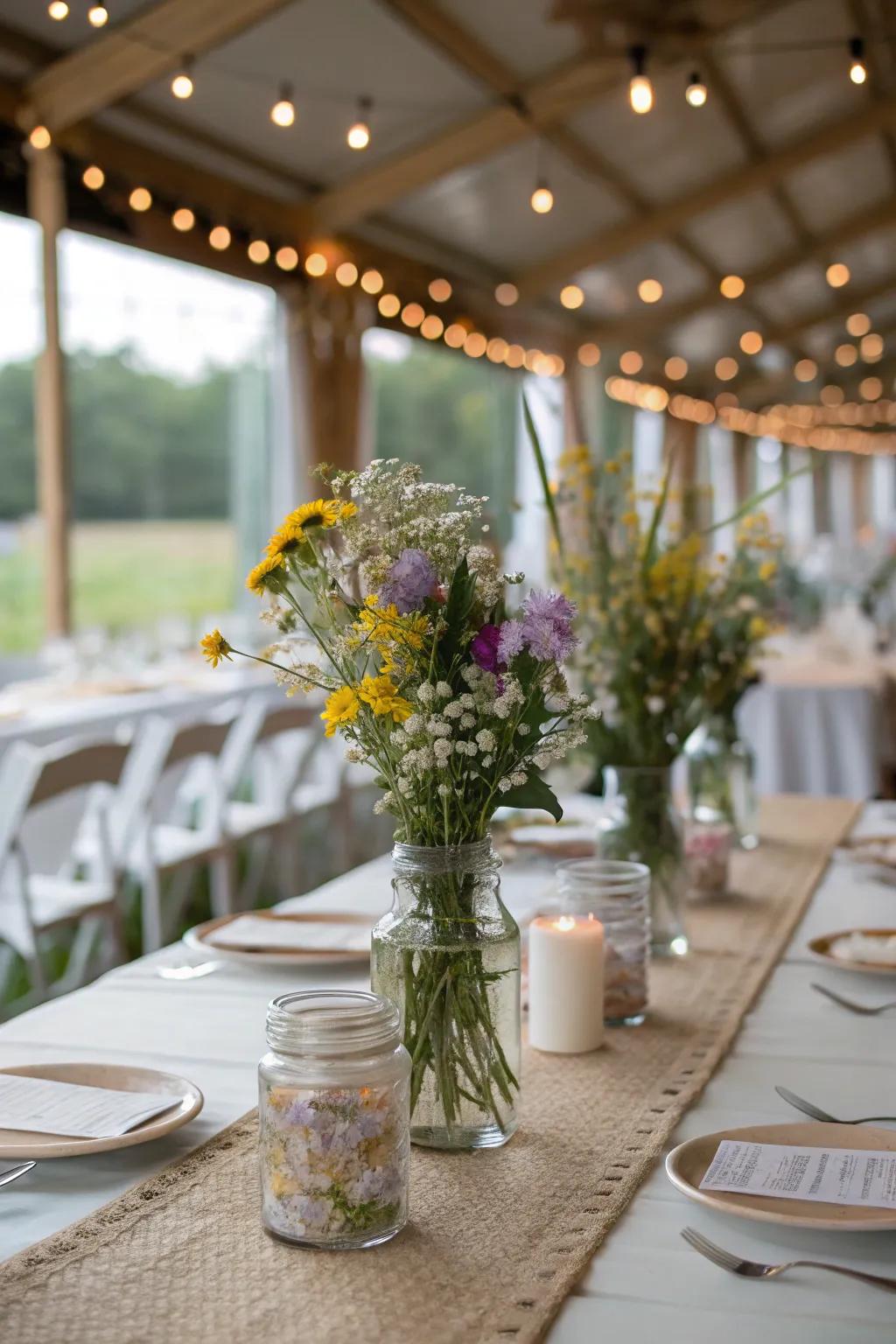 Jars filled using wildflowers for country-style appeal.