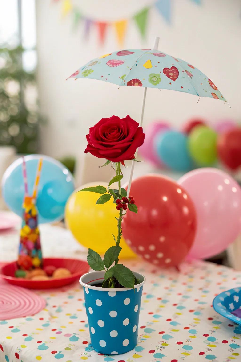 A parasol positioned above a rose cultivates a whimsical impression.