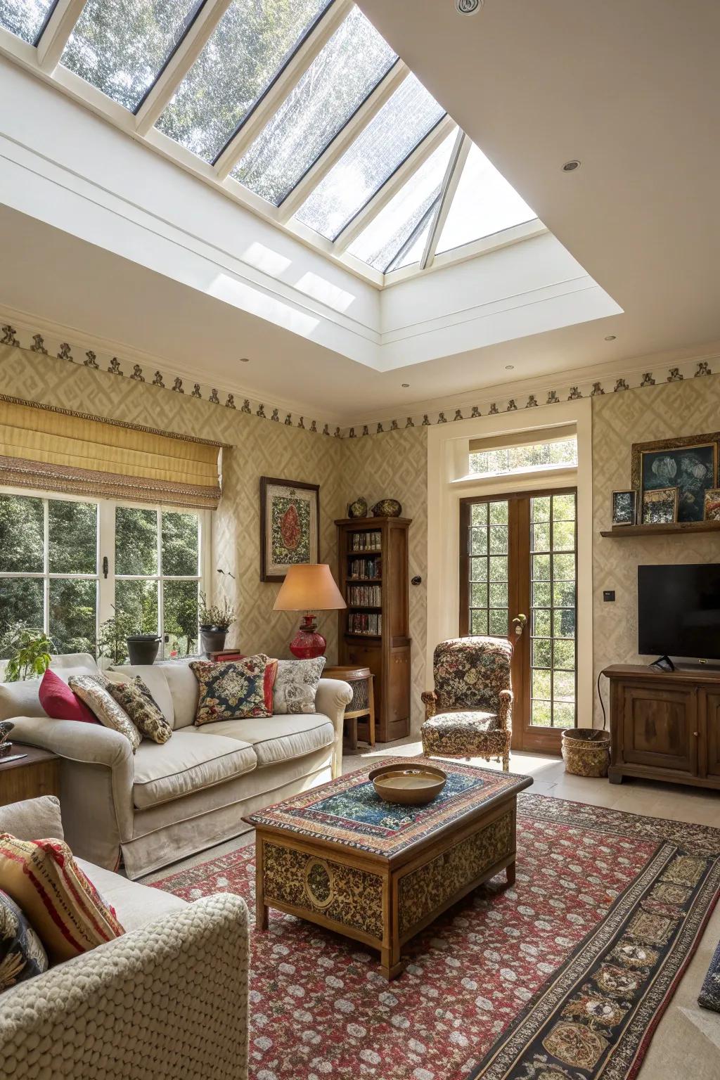 A living room with a skylight featuring layered trim styles.