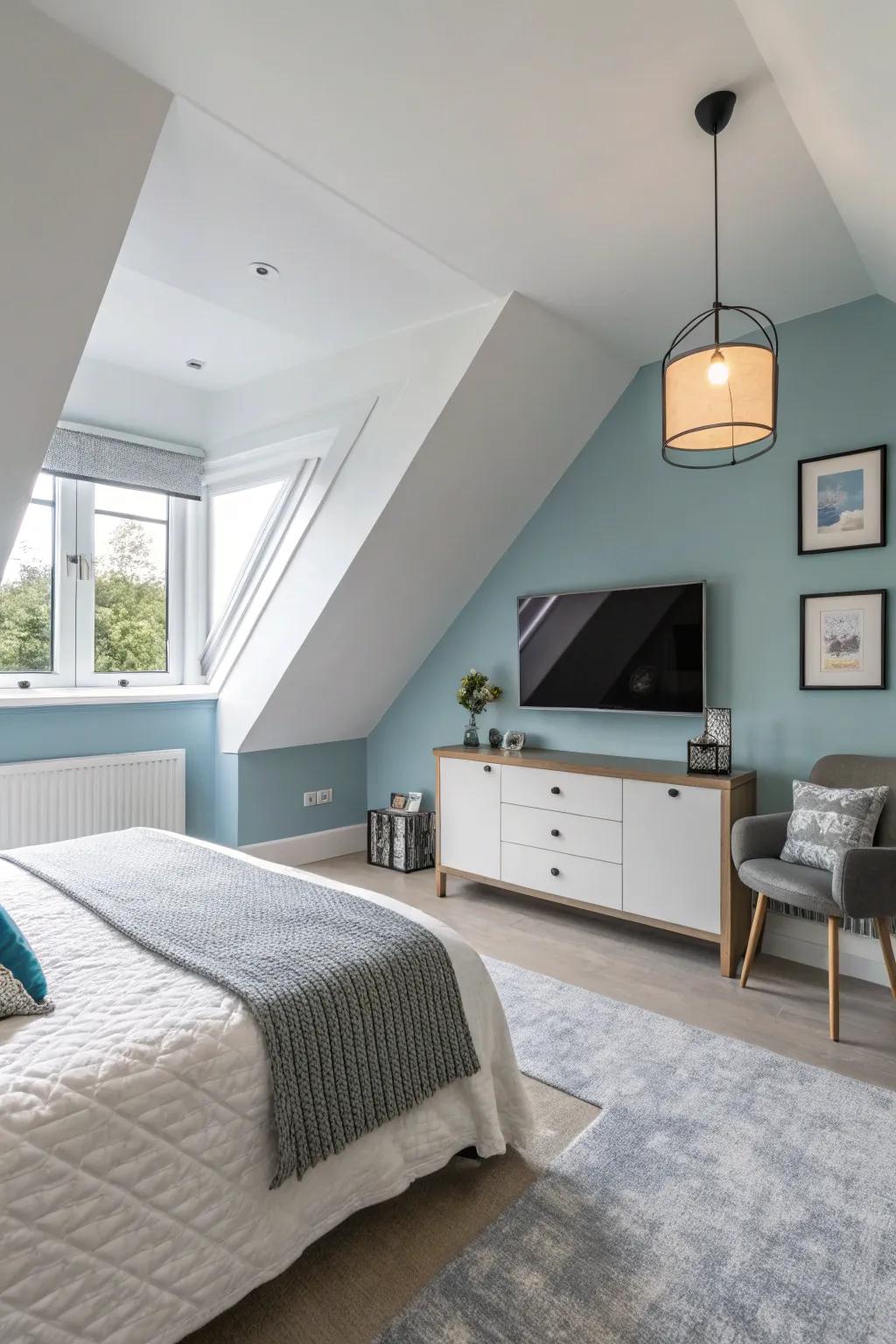 The use of a two-tone pattern creates visual interest and dimension in this appealing bedroom.