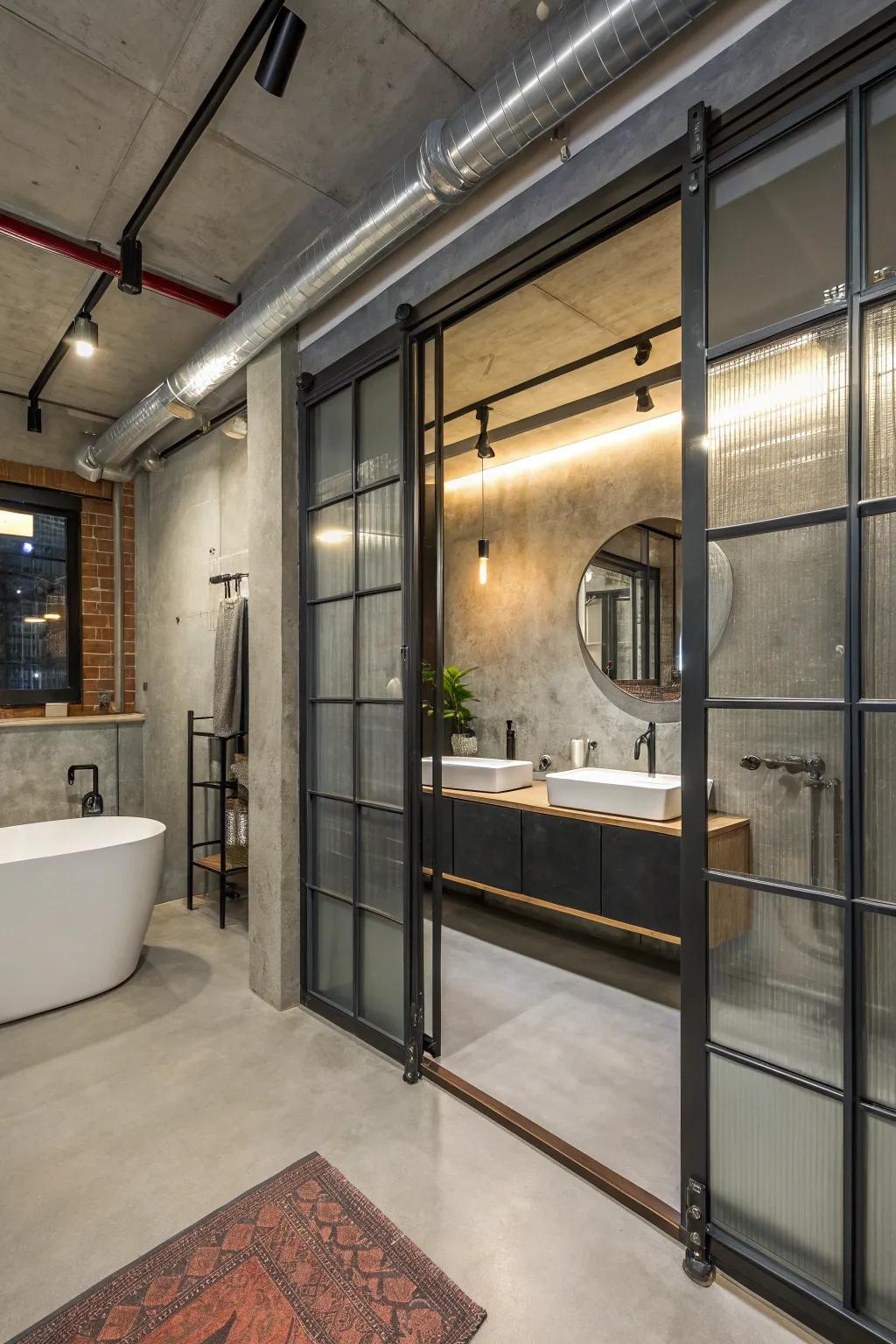 Metal sliding doors bring an industrial vibe to this bathroom.