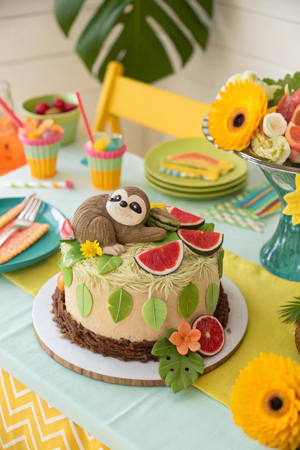 Tropical fruits bring vibrant flavors to the sloth dessert.