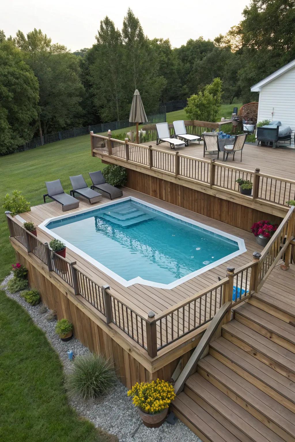 A layered above-ground pool arrangement to add interest.