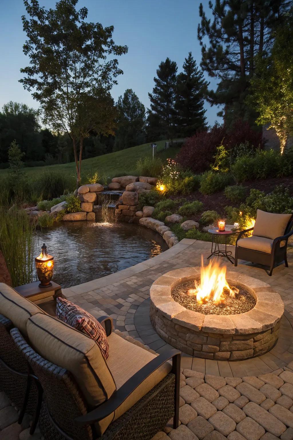 The combination of fire and water elements generates a visually stunning backyard.