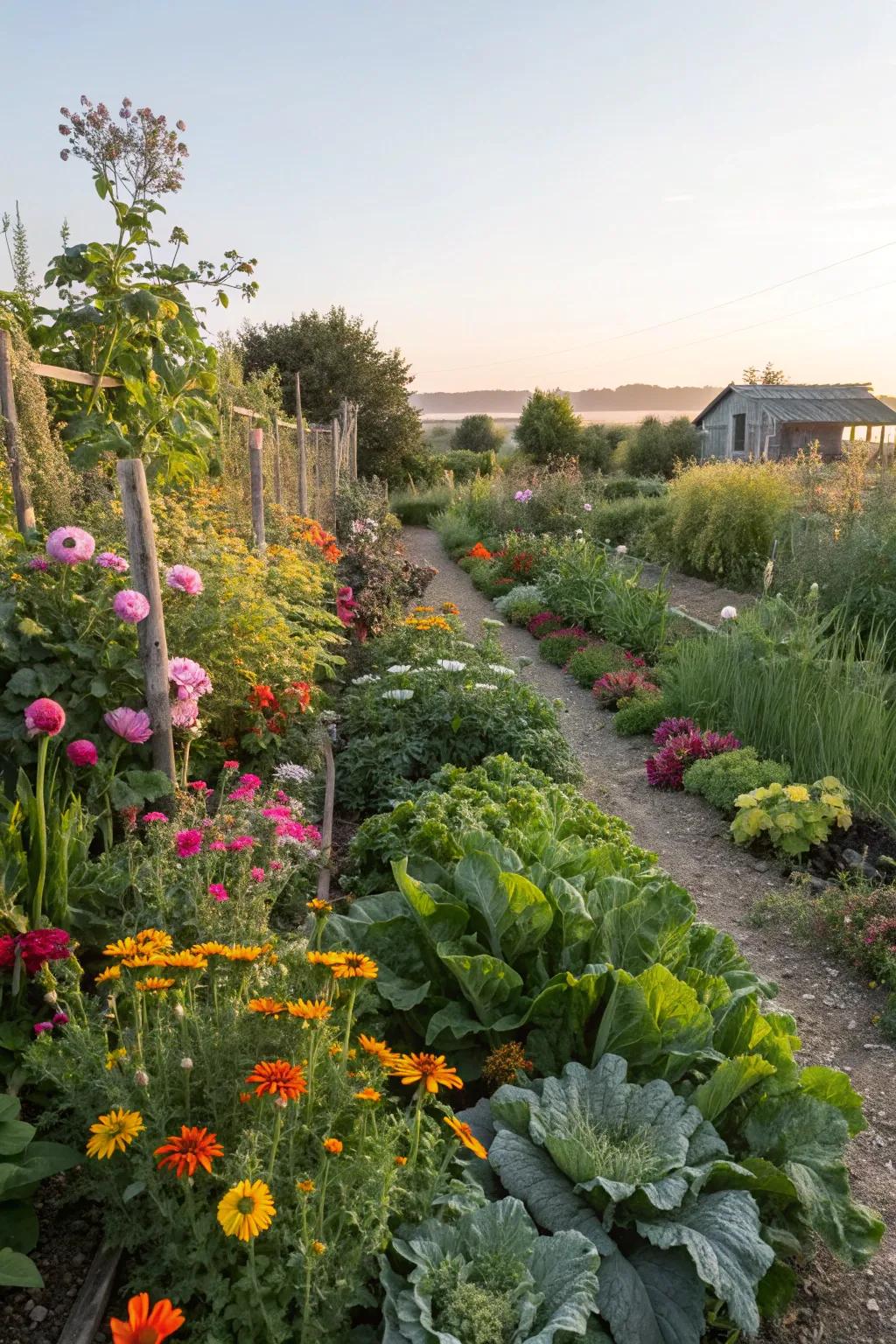 A harmonious blend of ornamentals and edibles enriches the garden.