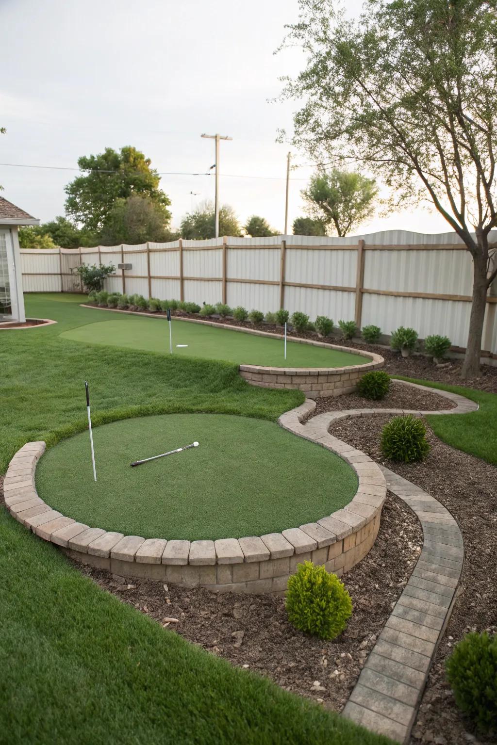 A tiered putting green adding depth to a petite backyard.