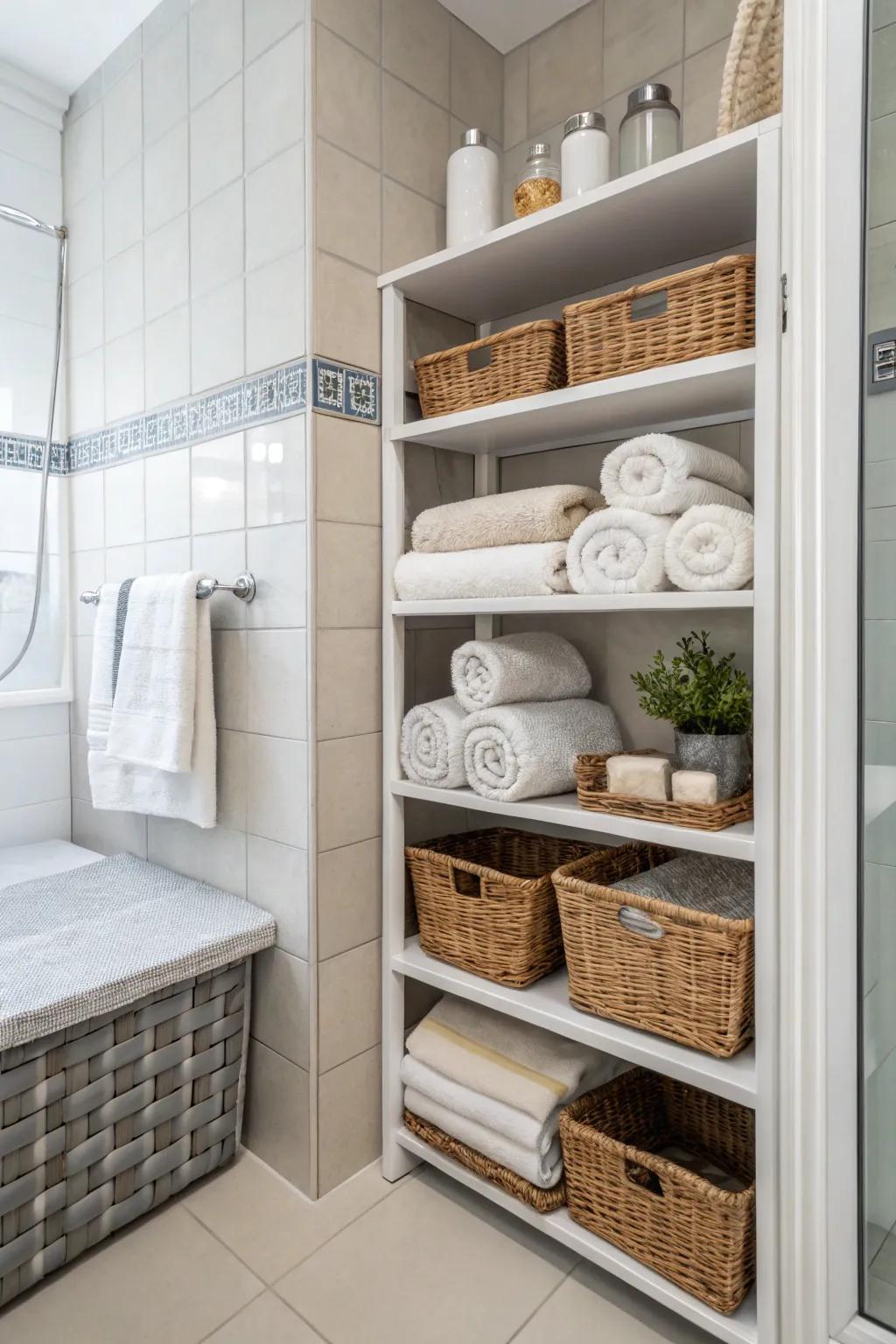 Enhance your bathroom decor with fashionable towel storage.