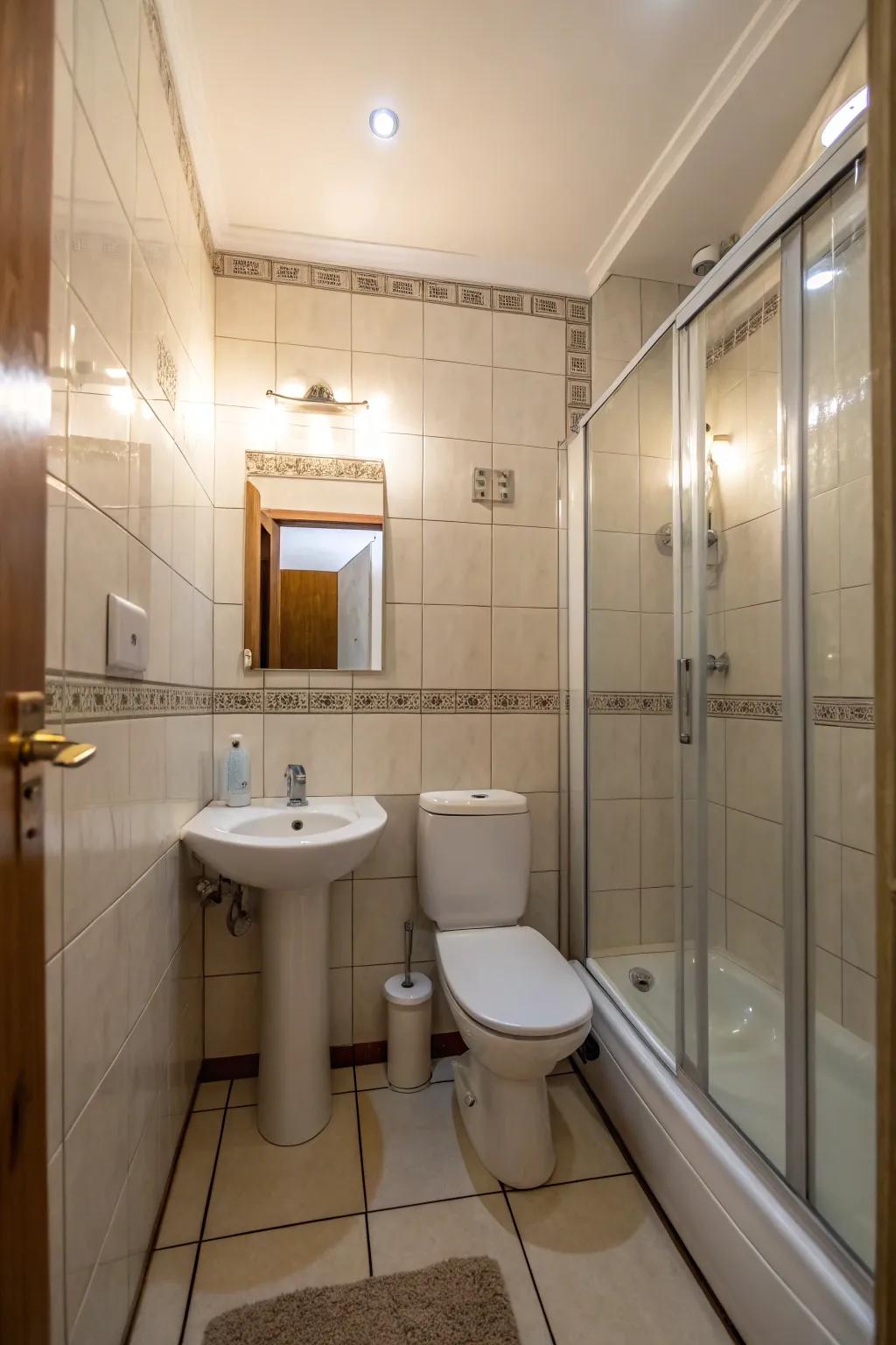 Reflective tiles maximize light, resulting in a more illuminated space.