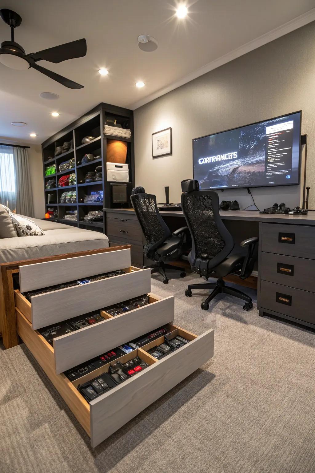 Smart storage keeps your gaming room organized and working well.