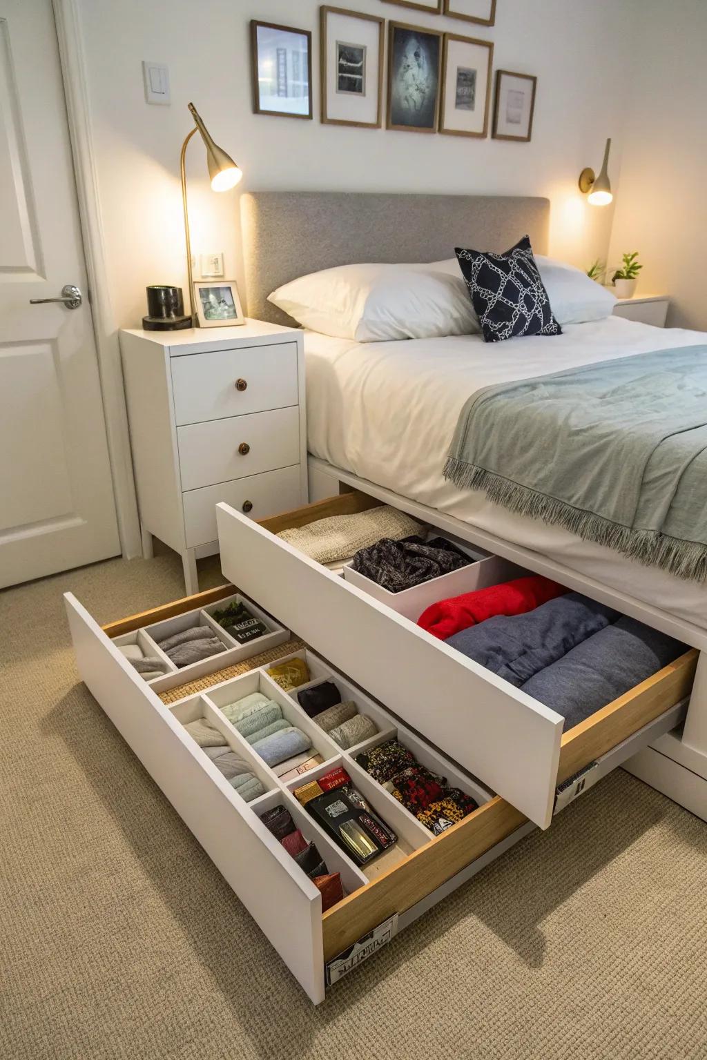 Under-bed storage allows belongings to be neatly put away.