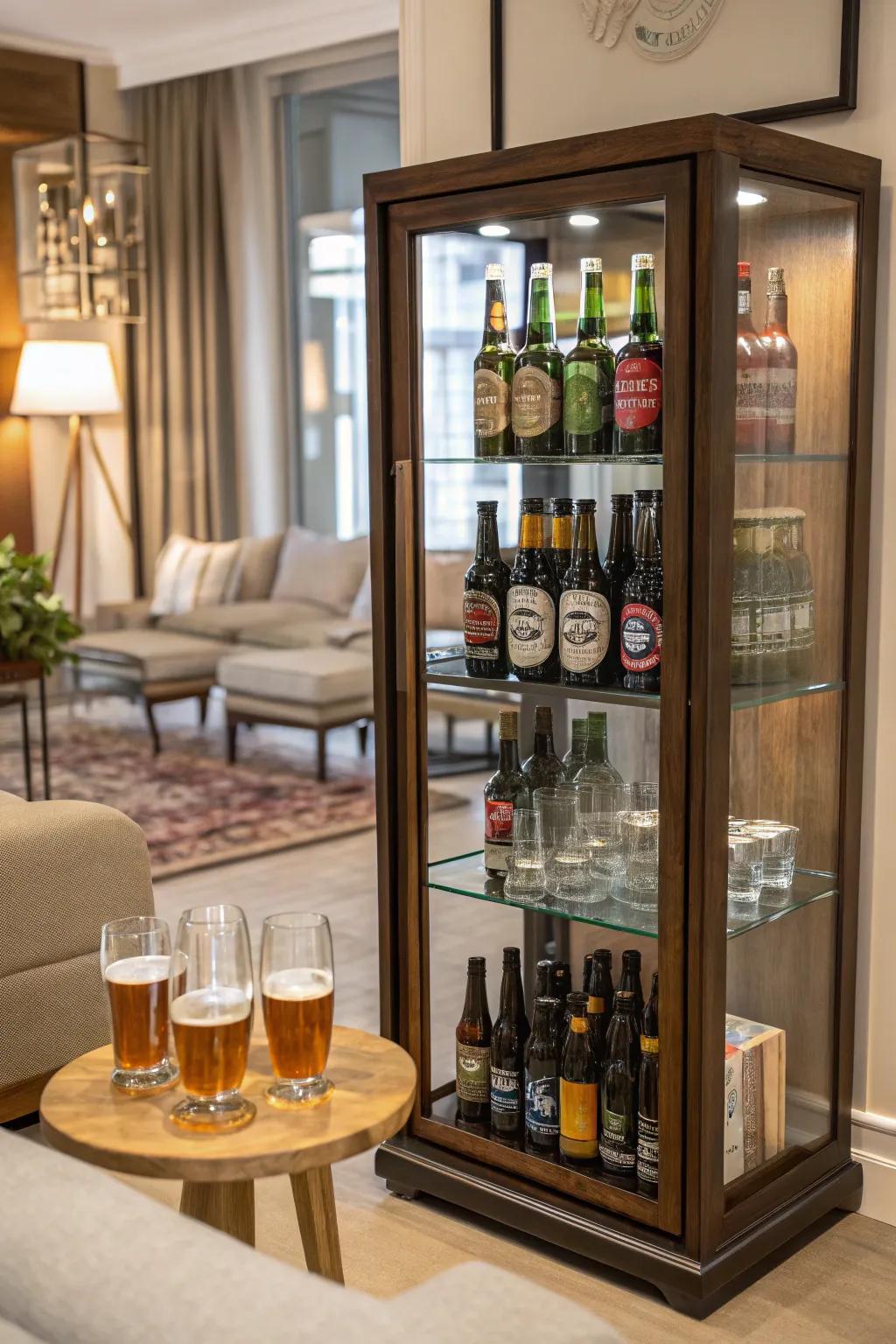 Stylish glass cabinet display for beer enthusiasts.