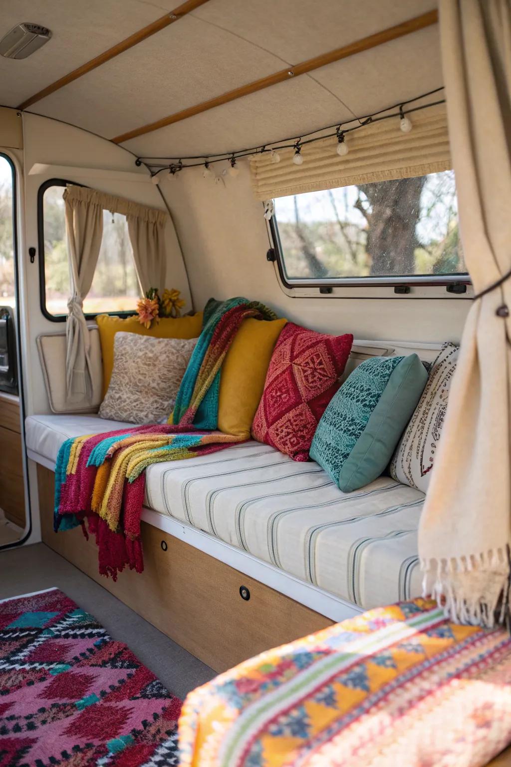 A camper's space is made warmer and more vibrant by the use of colorful textiles.