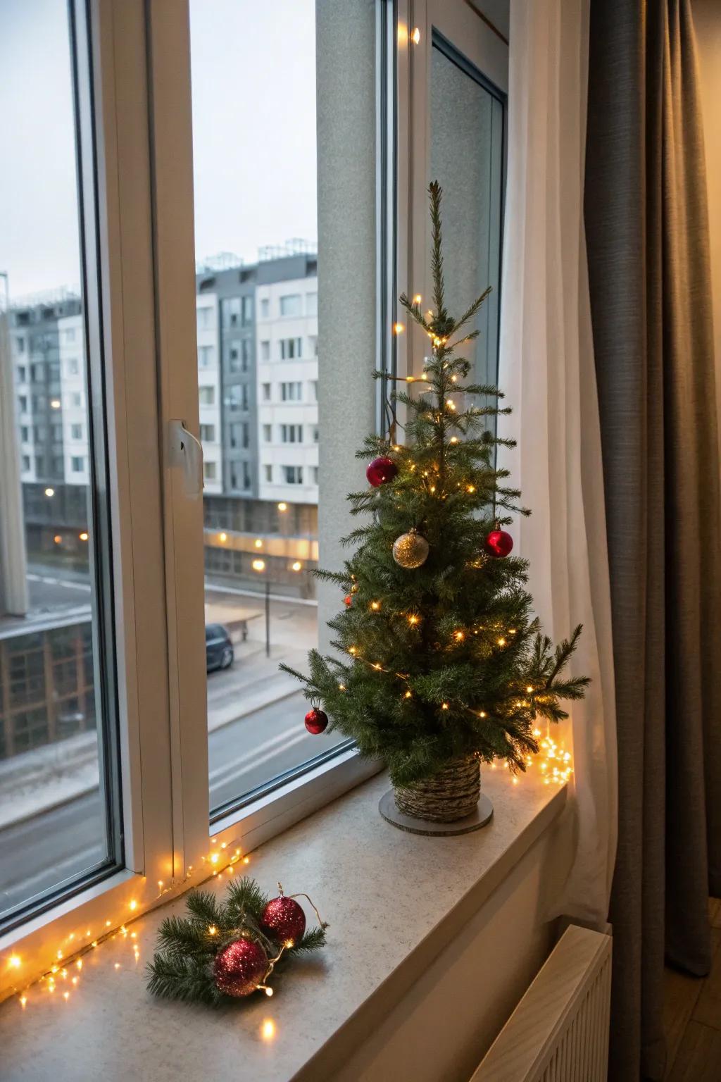 A petite Christmas tree on the window ledge disseminates seasonal cheer indoors and out.