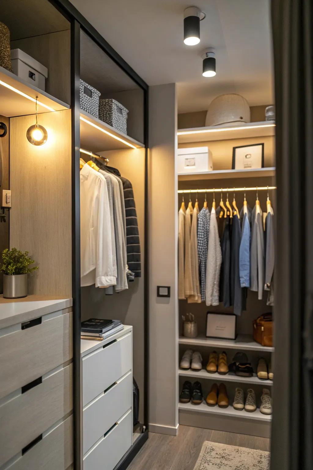 Smart lighting enhances efficiency in a compact closet.