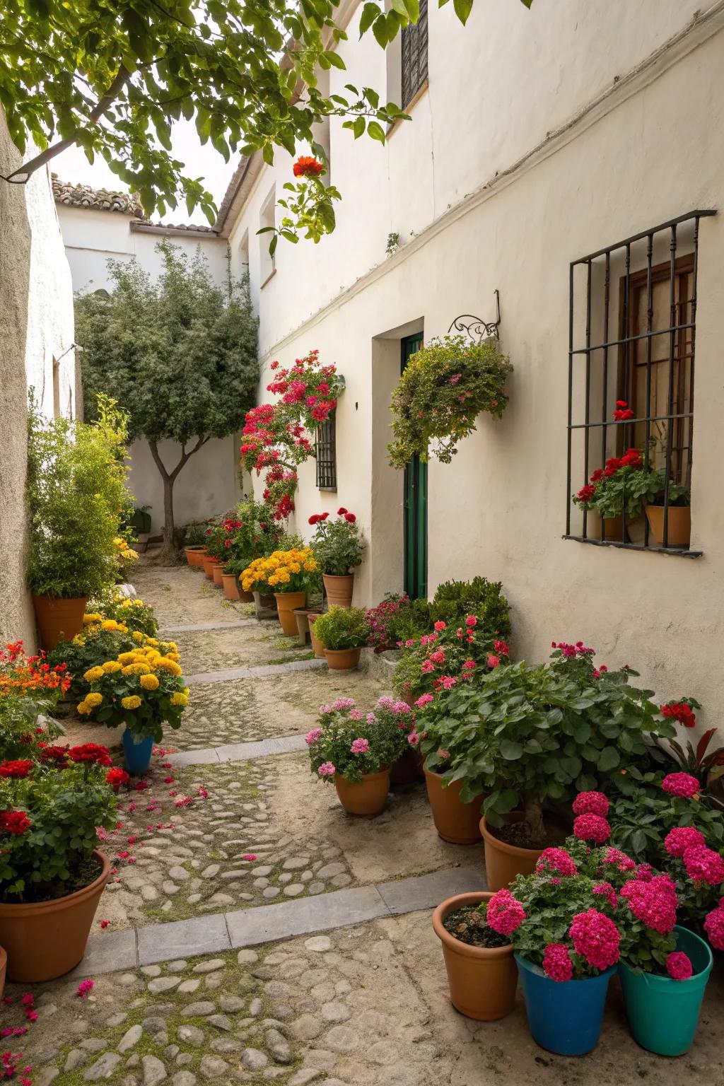 Colorful pots add vibrancy and personality to any courtyard.